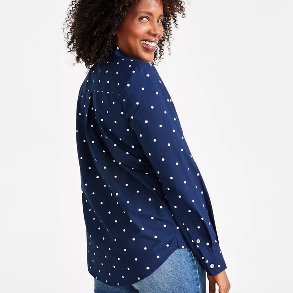 STYLE & CO MACY'S Navy Blue Polka Dot Printed Cotton Button Front Shirt Small - Picture 2 of 3